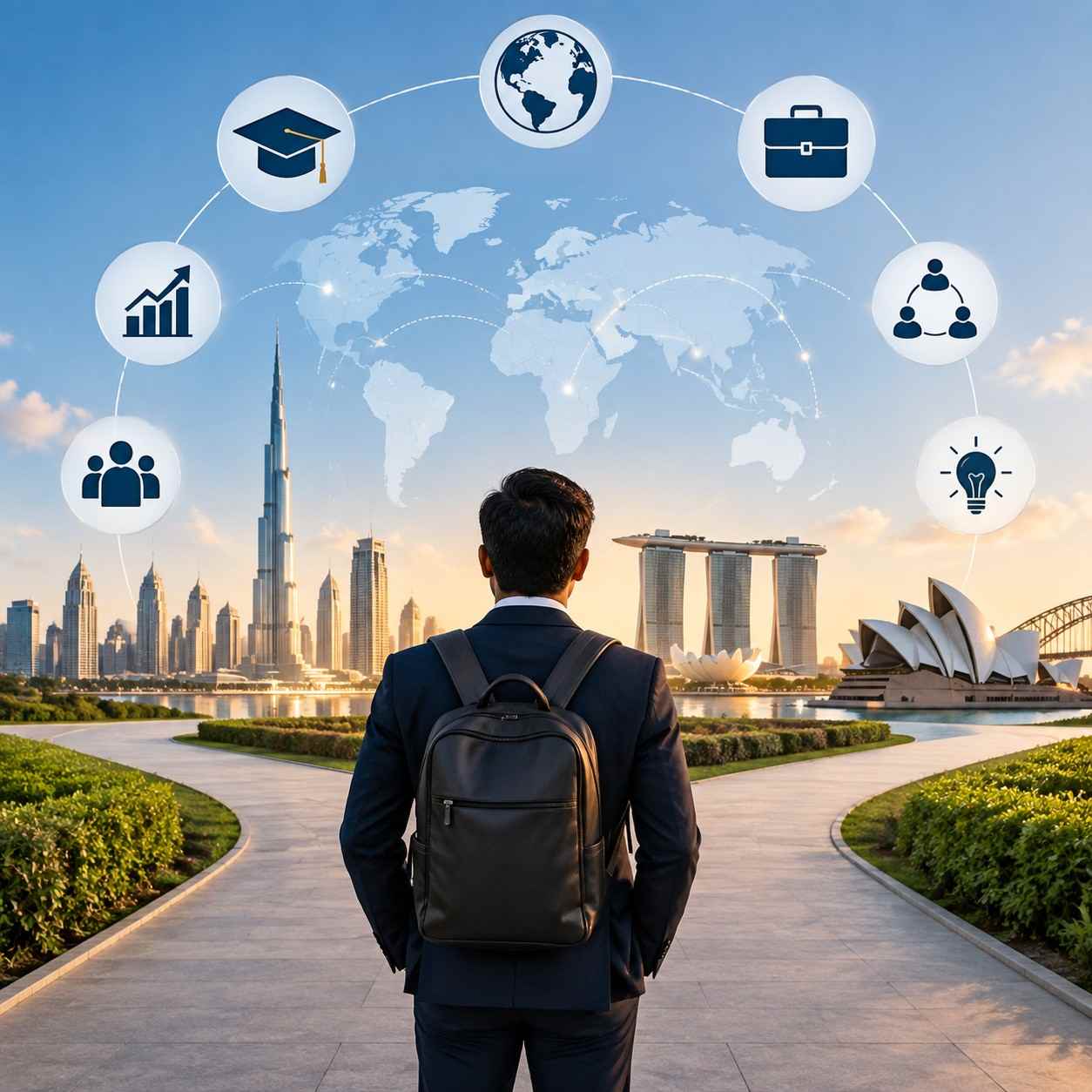 Professional applicant exploring SP Jain Global MBA opportunities with global education, career growth, networking and international business exposure concepts represented through a modern city and world map illustration.